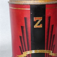rød sort art deco rund metaldåse fra Zoégas i Sverige gammel kaffedåse genbrug samlerobjekt